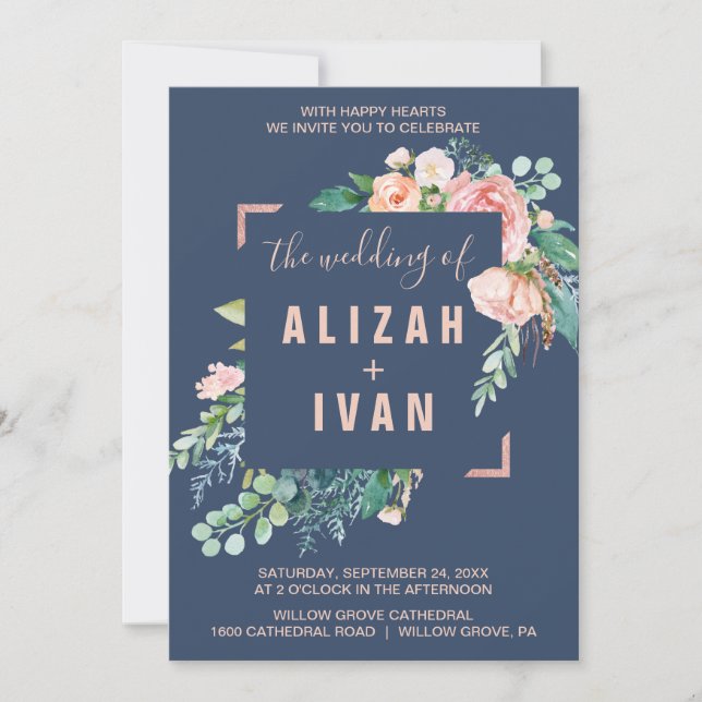 Invitation Fleurs de pivoines romantiques | Bleu Le Mariage d (Devant)