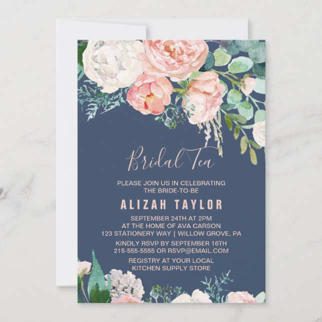 Invitation Fleurs de pivoines romantiques | Thé nuptial bleu (Devant)