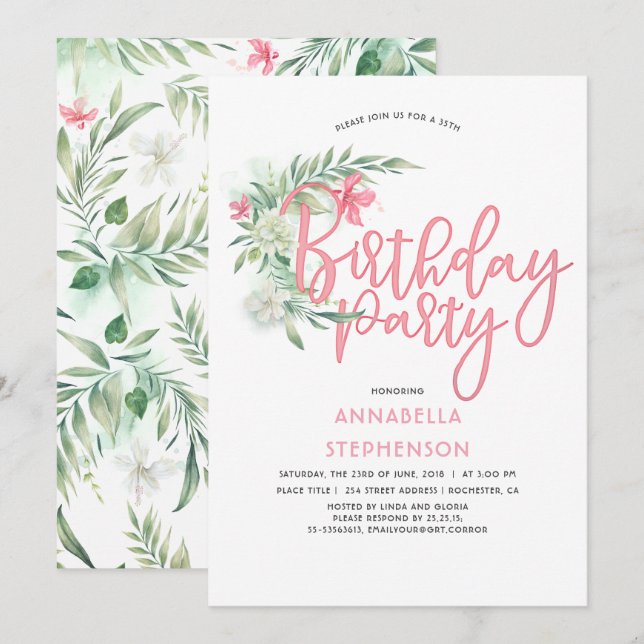 Invitation Fleurs de plage tropicales fête d'anniversaire (Devant / Derrière)