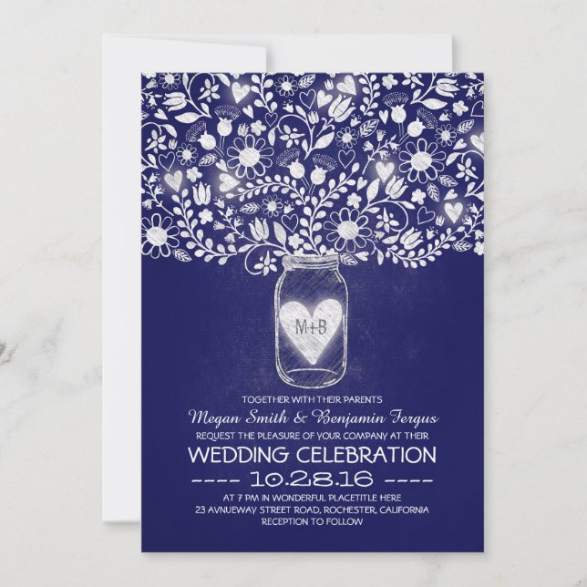 Invitation Fleurs de pot Mason bleu royal mariage invite (Devant)