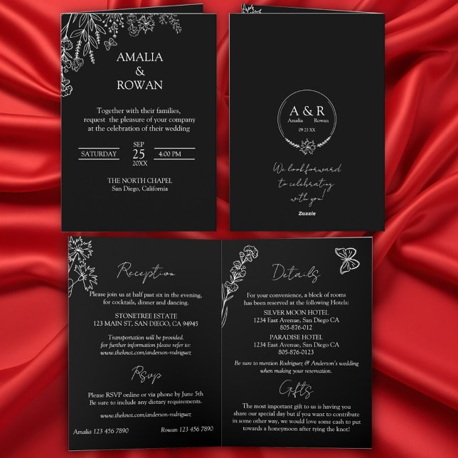 Invitation Fleurs de prairie Mariage tout-en-un noir et blanc (Créateur téléchargé)