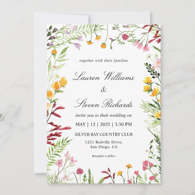 Invitation Fleurs de pré multicolores blanches personnalisées (Devant)