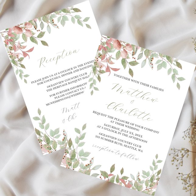 Invitation Fleurs de printemps Aquarelle Mariage rose (Watercolor Leaves, Green & Pink, Wedding Invitation 2)