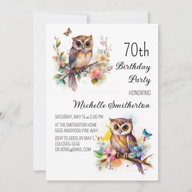 Invitation Fleurs de printemps de hibou Papillons 70e anniver (Devant)