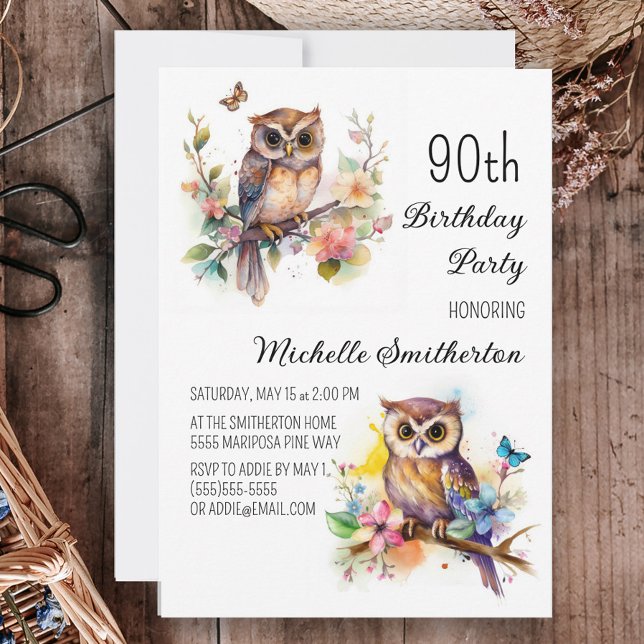 Invitation Fleurs de printemps de hibou Papillons 90e anniver (Créateur téléchargé)