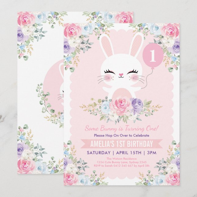 Invitation Fleurs de printemps de lapin mignonne 1er annivers (Devant / Derrière)