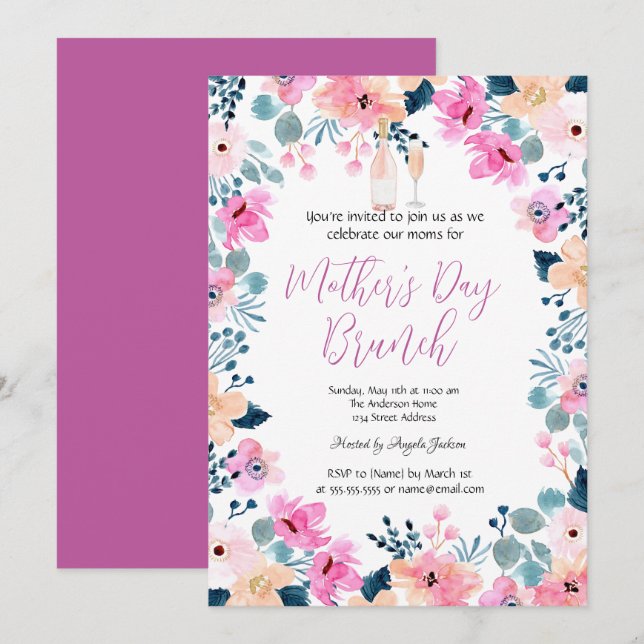 Invitation Fleurs de printemps Vin Fête des Mères Brunch (Devant / Derrière)