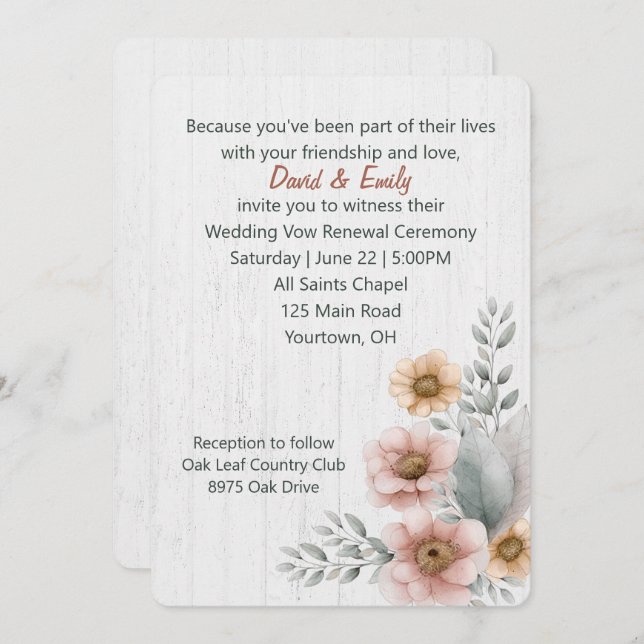 Invitation Fleurs de renouvellement de vœux sur bois (Devant / Derrière)