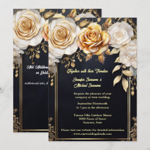 Invitation Fleurs de rose aquarelle noires élégantes mariage 