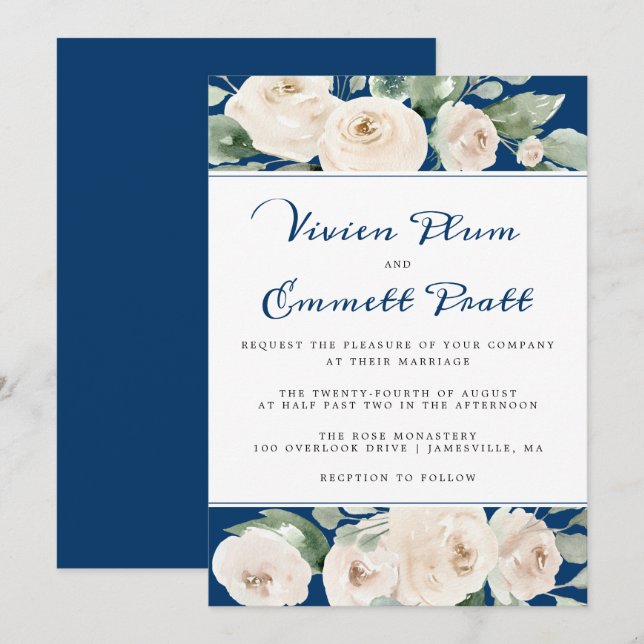 Invitation Fleurs de rose blanche sur mariage bleu marine (Devant / Derrière)