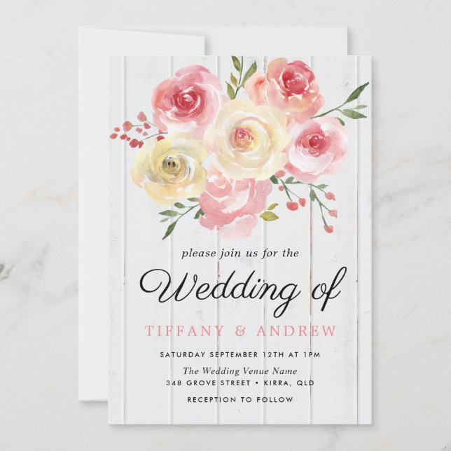 Invitation Fleurs de rose pâle blanc Mariage en bois Invitati (Devant)