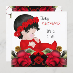 Invitation Fleurs de rose rouge baby shower fille 4a