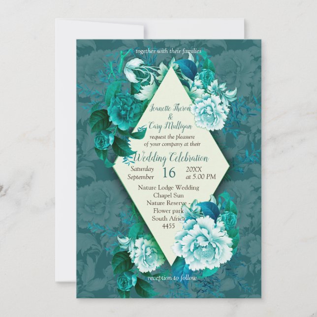 Invitation Fleurs de rose vert/blanc sur papier à motif vert  (Devant)