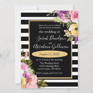 Invitation Fleurs de roses à rayures noires et blanches Invit