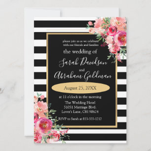 Invitation Fleurs de roses à rayures noires et blanches Invit