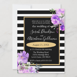 Invitation Fleurs de roses à rayures noires et blanches Invit