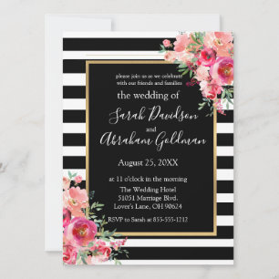 Invitation Fleurs de roses à rayures noires et blanches Invit