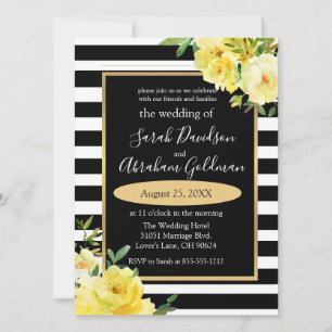 Invitation Fleurs de roses à rayures noires et blanches Invit