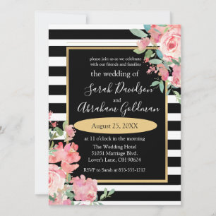 Invitation Fleurs de roses à rayures noires et blanches Invit