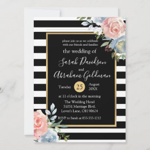 Invitation Fleurs de roses à rayures noires et blanches Maria