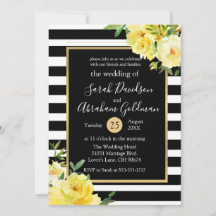 Invitation Fleurs de roses à rayures noires et blanches Maria