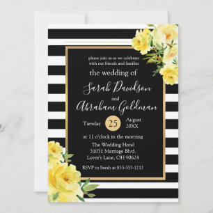 Invitation Fleurs de roses à rayures noires et blanches Maria