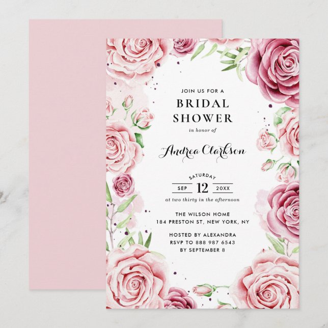 Invitation Fleurs de roses aquarelle rose cadre Baby Shower d (Devant / Derrière)