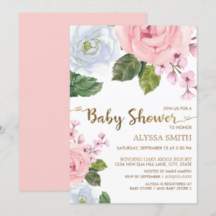 Invitation Fleurs de roses blanches élégantes écriture bébé S