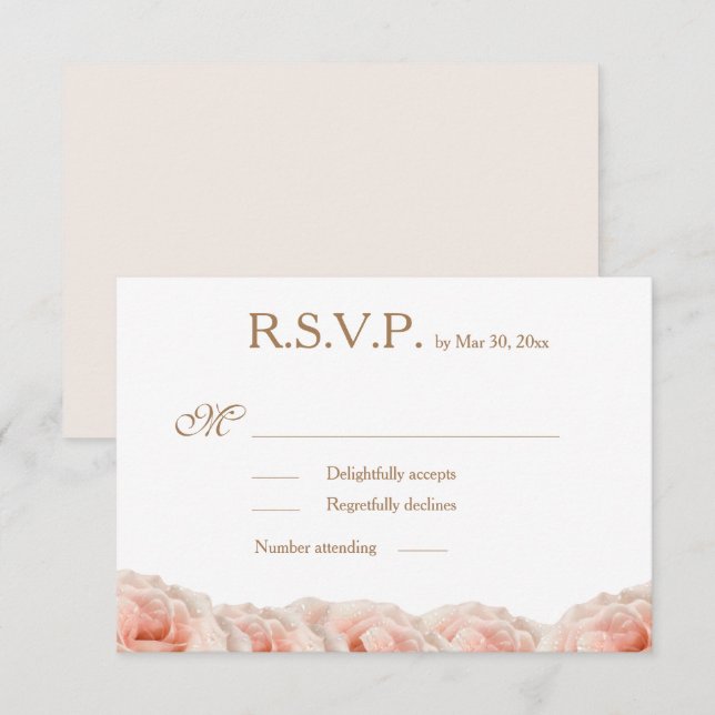 Invitation Fleurs de roses rose blush Mariage RSVP or et blan (Devant / Derrière)