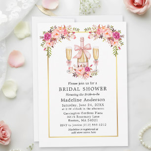Invitation Fleurs de roses roses aquarelle avec ruban bow dor