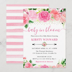 Invitation Fleurs de roses roses aquarelle Baby Shower