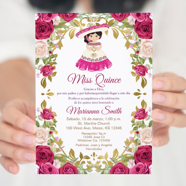 Invitation Fleurs de roses roses mexicaines Quinceanera (Créateur téléchargé)