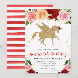 Invitation Fleurs de Roses Rouges Licorne d'Or Fête d'Anniver