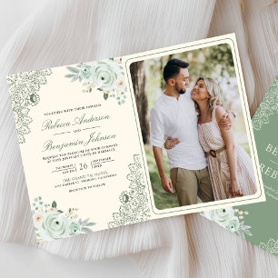Invitation Fleurs de roses vert sauge en dentelle florale Cod