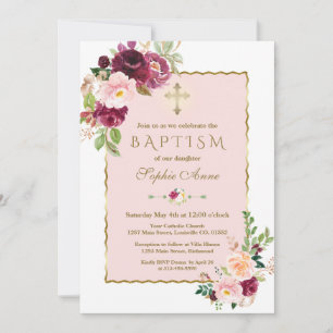 Invitation Fleurs de safran rose bordeaux uniques Baptême d'o