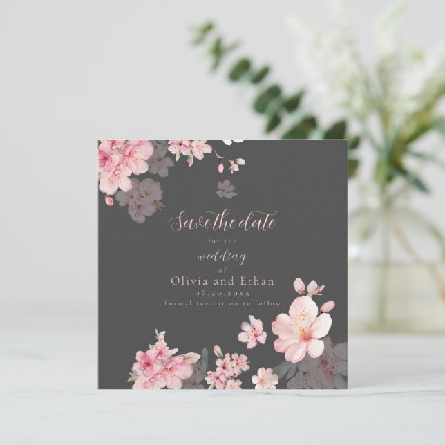 Invitation Fleurs de Sakura rose chic sur Save the Date (Debout devant)