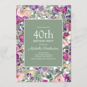 Invitation Fleurs de sauge vertes Floral Rose Violet 40e Anni
