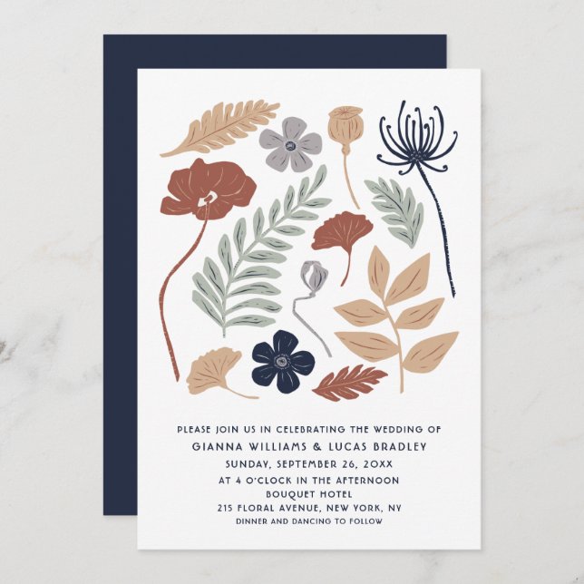 Invitation Fleurs de séquoia bleu simple Floral Mariage moder (Devant / Derrière)