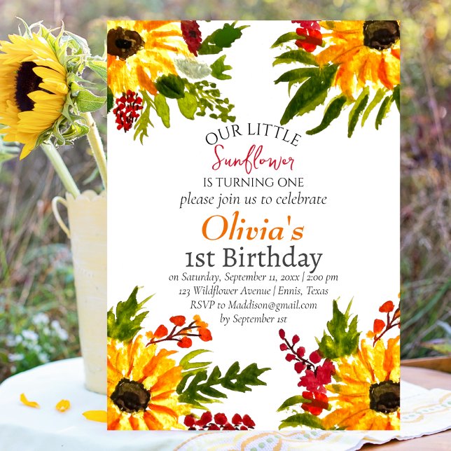 Invitation Fleurs de soleil 1er premier anniversaire fille Pa (Créateur téléchargé)