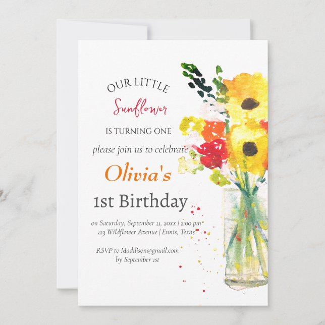 Invitation Fleurs de soleil 1er premier anniversaire fille Pa (Devant)