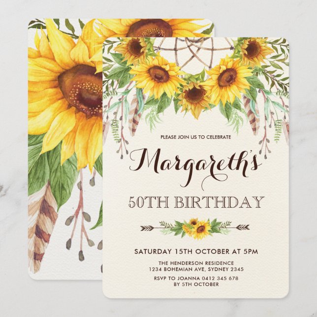 Invitation Fleurs de soleil 50e anniversaire fête Boho Feathe (Devant / Derrière)