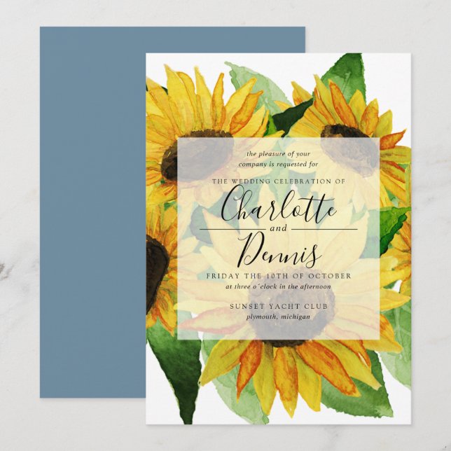 Invitation Fleurs de soleil aquarelle avec mariage bleu pâle (Devant / Derrière)