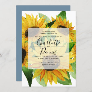 Invitation Fleurs de soleil aquarelle avec mariage bleu pâle