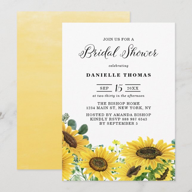 Invitation Fleurs de soleil aquarelle et Fête des mariées d'E (Devant / Derrière)