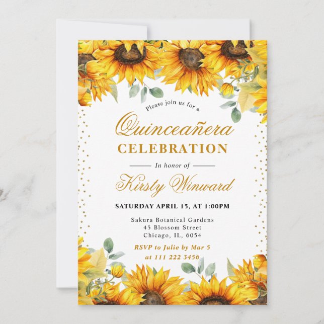 Invitation Fleurs de soleil aquarelle et Parties scintillant  (Devant)