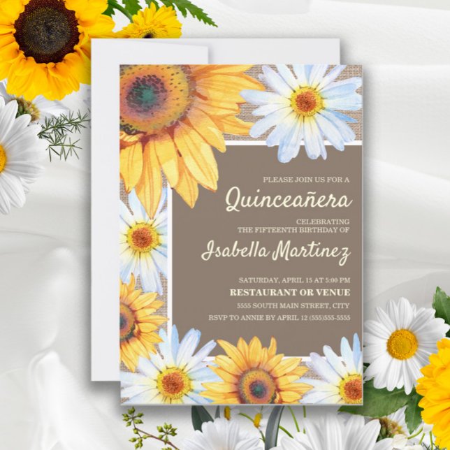 Invitation Fleurs de Soleil Blancs Boucles Quinceañera 15e (Créateur téléchargé)