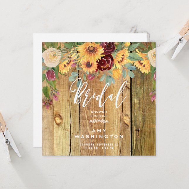 Invitation Fleurs de soleil Bois rustique Fête des mariées Fl (Devant/Arrière en situation)
