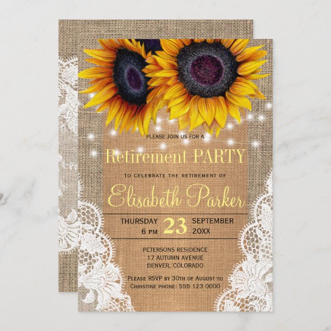 Invitation Fleurs de soleil burlap et dentelle fête de retrai (Devant / Derrière)