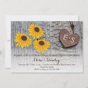Invitation Fleurs de soleil, coeur sur bois mariage de la fêt