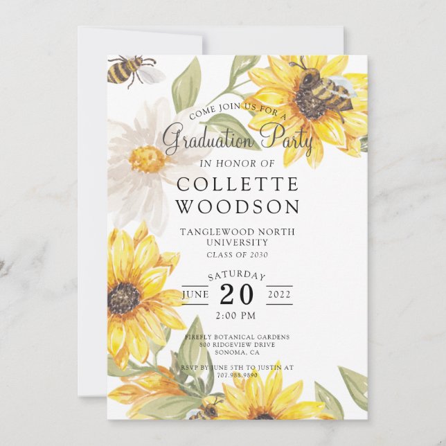 Invitation Fleurs de soleil couleur aquarelle Fête de graduat (Devant)